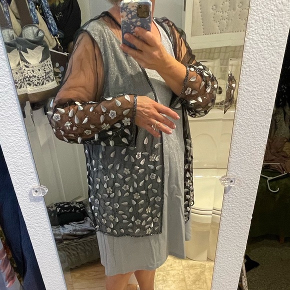 2pc Size Me Up 1X silver sparkle sheath dress and sheer black jacket embroidered - Picture 10 of 14